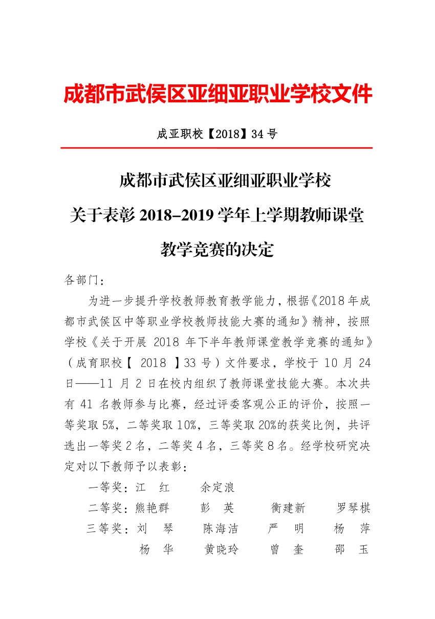 关于表彰2018-2019学年上学期教师课堂教学竞赛的